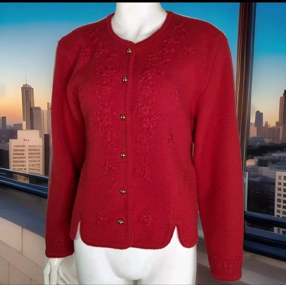 Red Womens M Sweater Boiled Wool Cardigan Classic Style - Picture 2 of 12